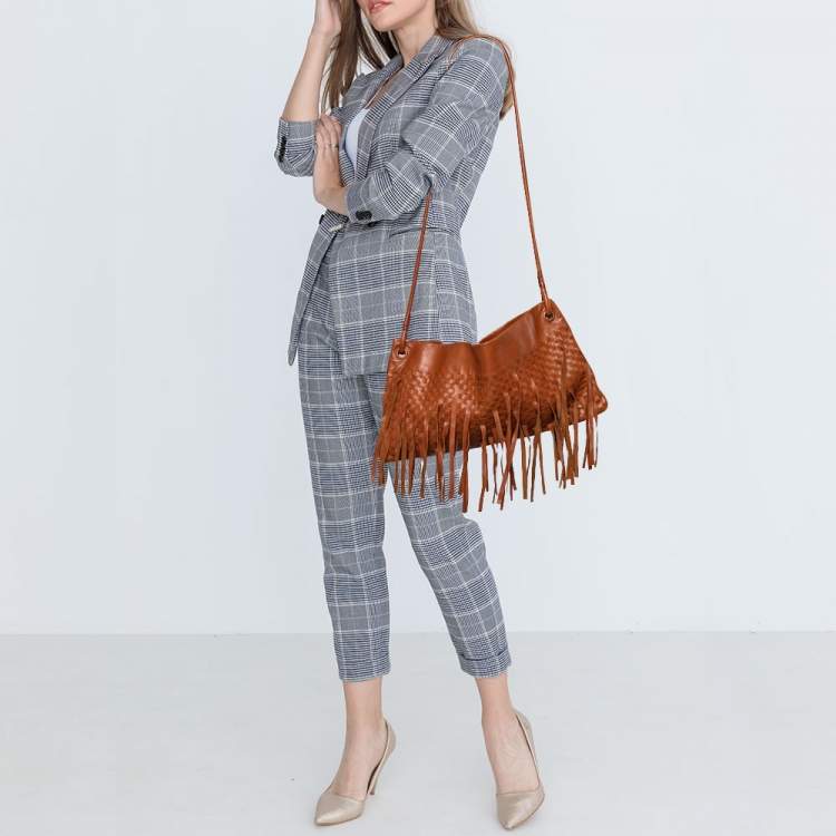 Pre Owned Bottega Veneta Brown Intrecciato Leather Fringe Shoulder Bag