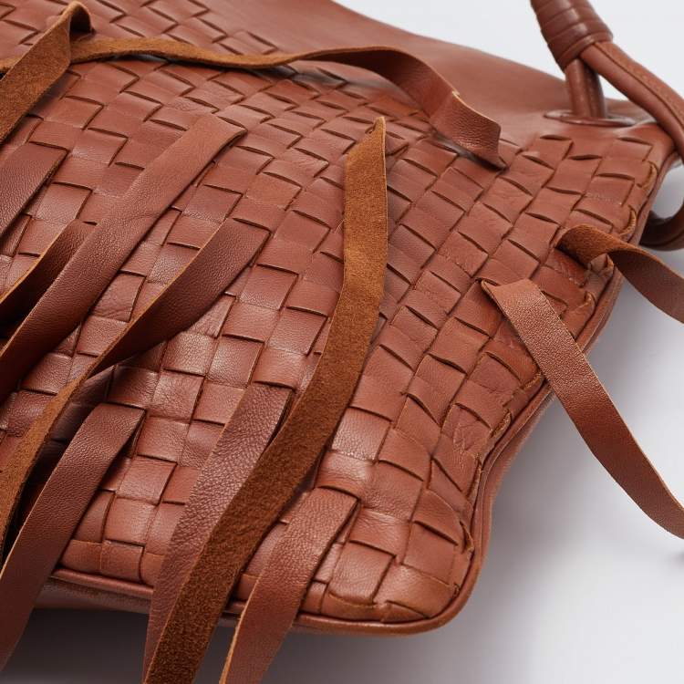 Pre Owned Bottega Veneta Brown Intrecciato Leather Fringe Shoulder Bag