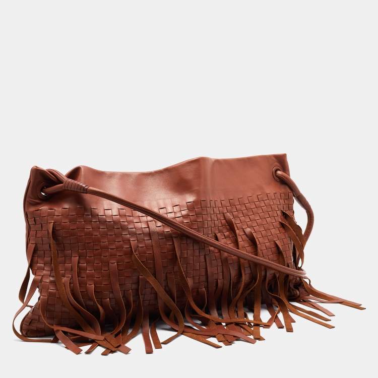 Pre Owned Bottega Veneta Brown Intrecciato Leather Fringe Shoulder Bag
