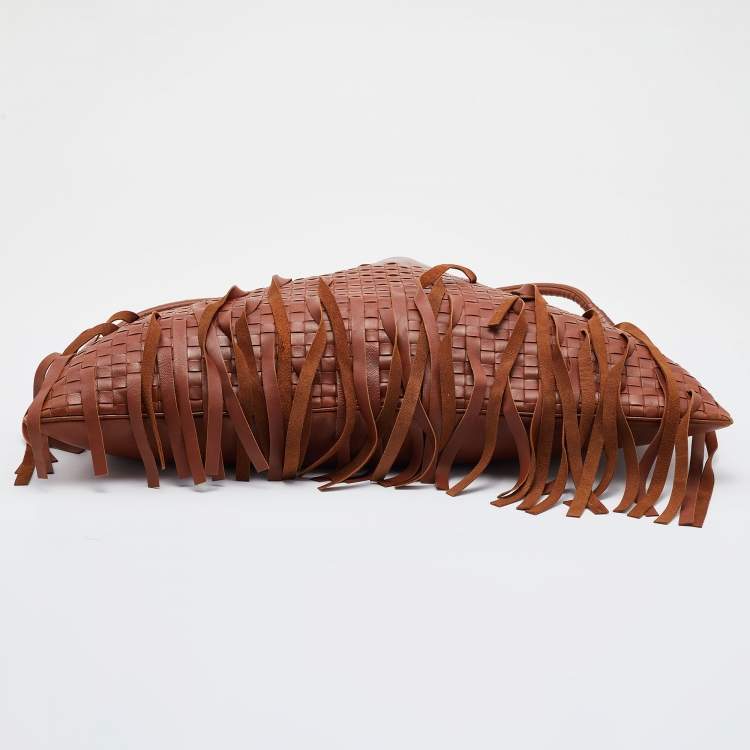 Pre Owned Bottega Veneta Brown Intrecciato Leather Fringe Shoulder Bag