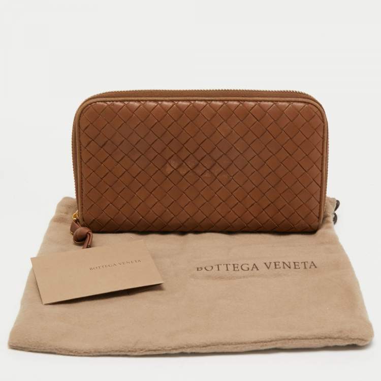 Pre Owned Bottega Veneta Brown Intrecciato Leather Zip Around Wallet 