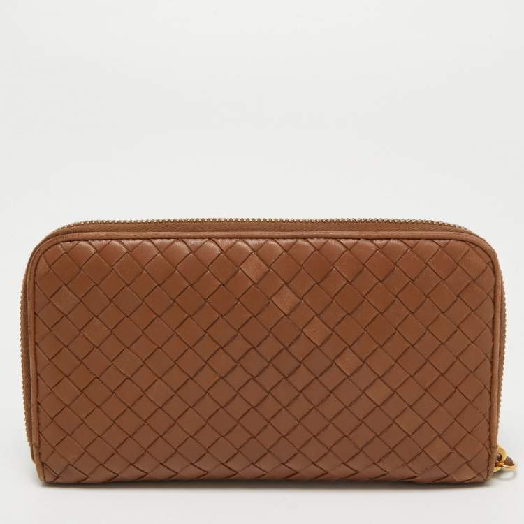 Pre Owned Bottega Veneta Brown Intrecciato Leather Zip Around Wallet 