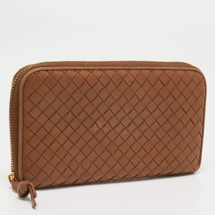 Pre Owned Bottega Veneta Brown Intrecciato Leather Zip Around Wallet 