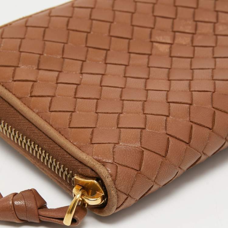 Pre Owned Bottega Veneta Brown Intrecciato Leather Zip Around Wallet 