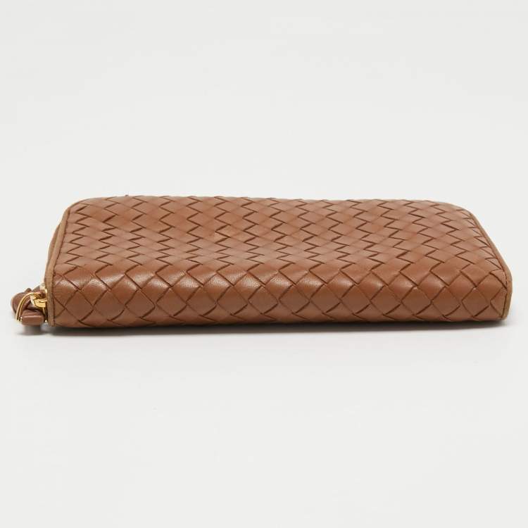 Pre Owned Bottega Veneta Brown Intrecciato Leather Zip Around Wallet 