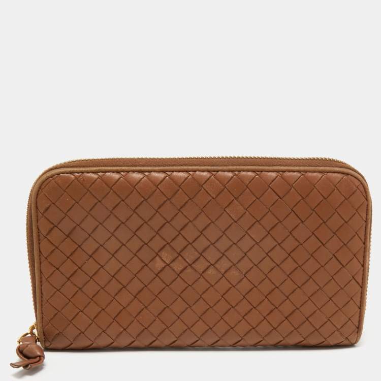Pre Owned Bottega Veneta Brown Intrecciato Leather Zip Around Wallet 
