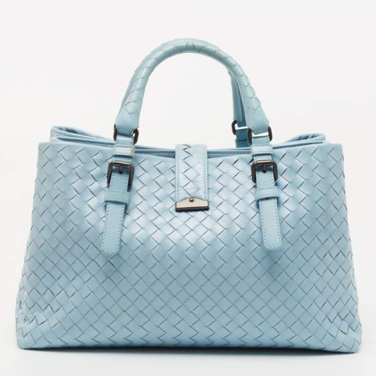 Pre Owned Bottega Veneta Blue Intrecciato Leather Small Roma Tote
