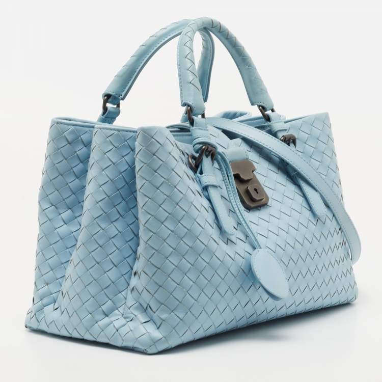 Pre Owned Bottega Veneta Blue Intrecciato Leather Small Roma Tote