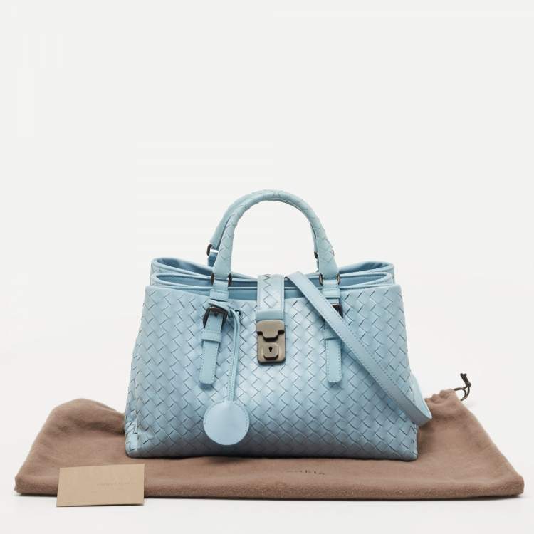 Pre Owned Bottega Veneta Blue Intrecciato Leather Small Roma Tote