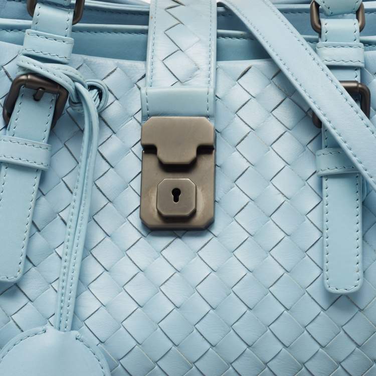 Pre Owned Bottega Veneta Blue Intrecciato Leather Small Roma Tote