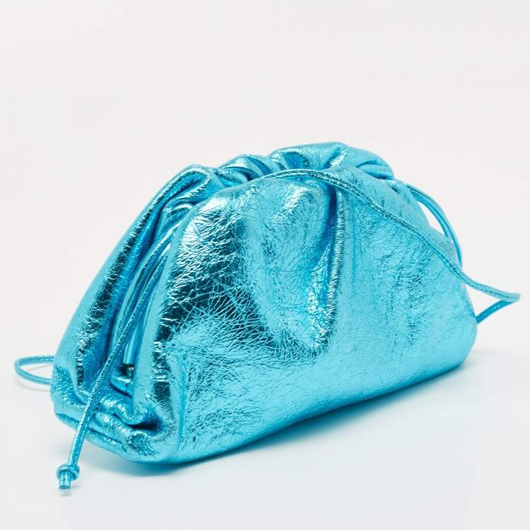 Pre Owned Bottega Veneta Metallic Blue Leather Mini The Pouch Bag