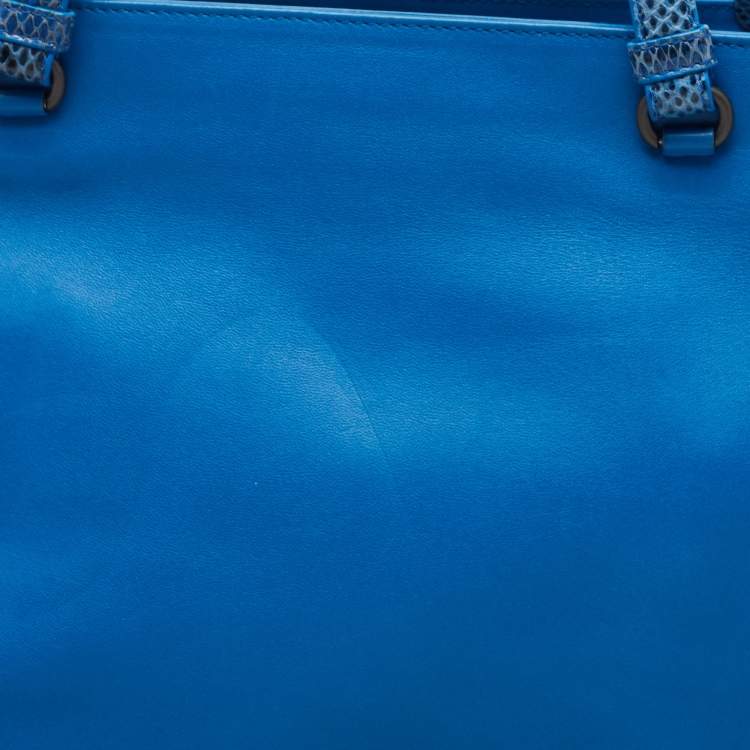 Pre Owned Bottega Veneta Blue Intrecciato Leather and Karung Frame Tote