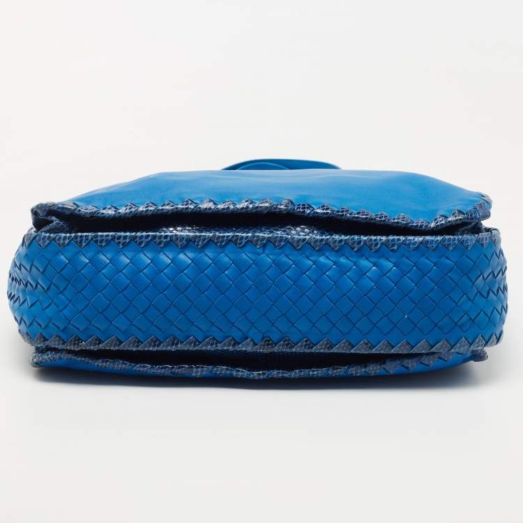 Pre Owned Bottega Veneta Blue Intrecciato Leather and Karung Frame Tote