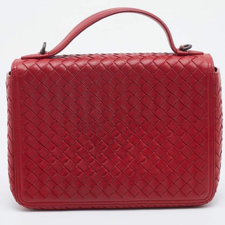 Pre Owned Bottega Veneta Red Intrecciato Leather Alumna Top Handle Bag