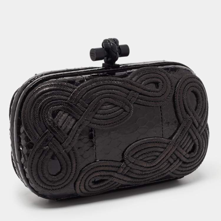 Pre Owned Bottega Veneta Black Python Embroidered Thread Knot Clutch