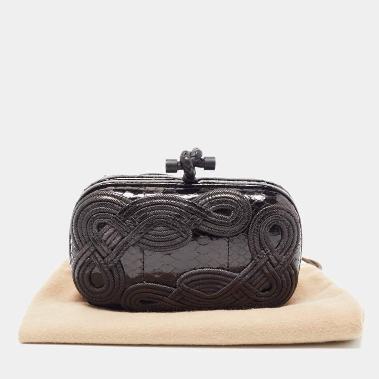Pre Owned Bottega Veneta Black Python Embroidered Thread Knot Clutch