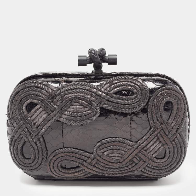 Pre Owned Bottega Veneta Black Python Embroidered Thread Knot Clutch