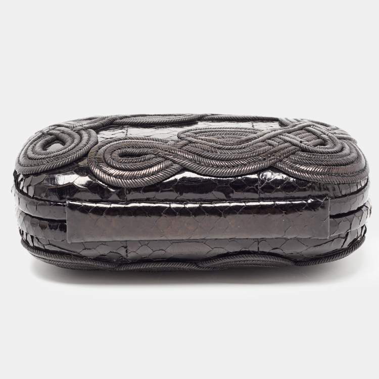 Pre Owned Bottega Veneta Black Python Embroidered Thread Knot Clutch