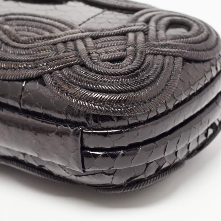 Pre Owned Bottega Veneta Black Python Embroidered Thread Knot Clutch