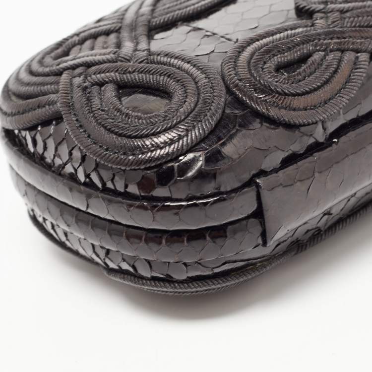 Pre Owned Bottega Veneta Black Python Embroidered Thread Knot Clutch