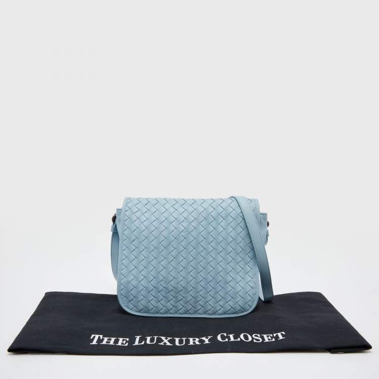 Pre Owned Bottega Veneta Light Blue Intrecciato Leather Flap Shoulder Bag