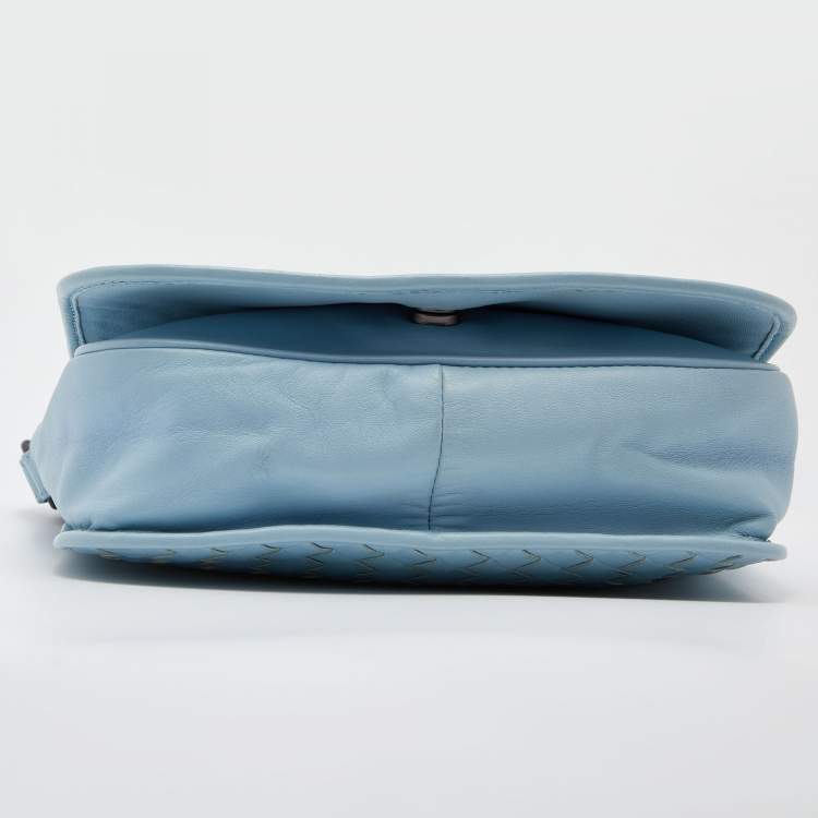 Pre Owned Bottega Veneta Light Blue Intrecciato Leather Flap Shoulder Bag