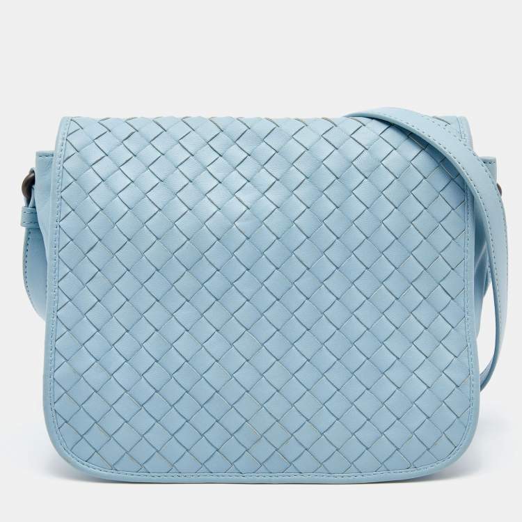 Pre Owned Bottega Veneta Light Blue Intrecciato Leather Flap Shoulder Bag