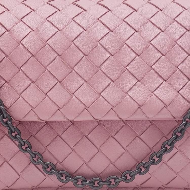 Pre Owned Bottega Veneta Light Pink Intreccaito Leather Olimpia Chain Shoulder Bag