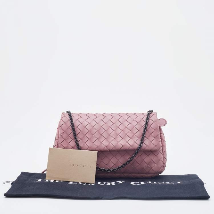 Pre Owned Bottega Veneta Light Pink Intreccaito Leather Olimpia Chain Shoulder Bag