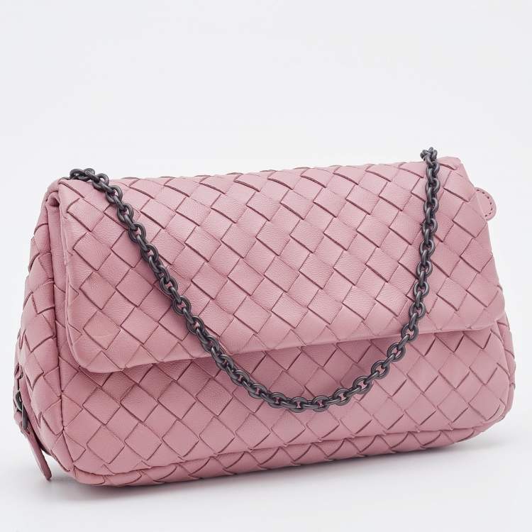 Pre Owned Bottega Veneta Light Pink Intreccaito Leather Olimpia Chain Shoulder Bag