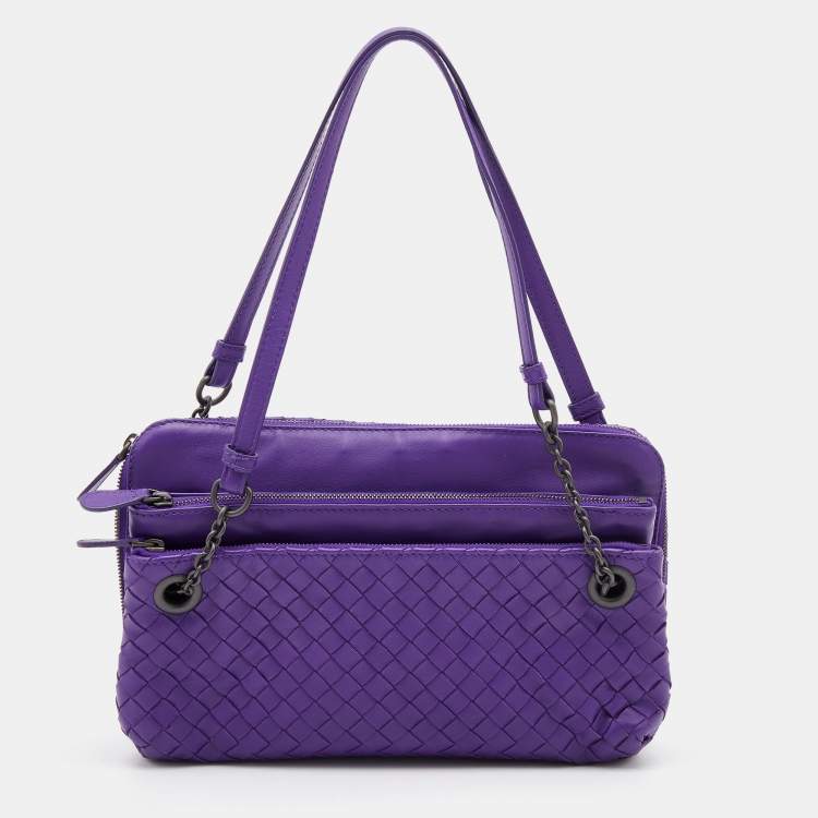 Bottega Veneta Purple Intrecciato Leather Flap Messenger Bag Large
