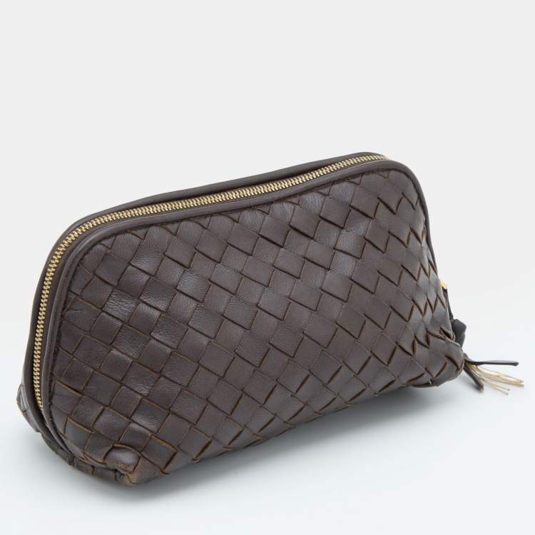 Pre Owned Bottega Veneta Dark Brown Intrecciato Leather Zip Pouch