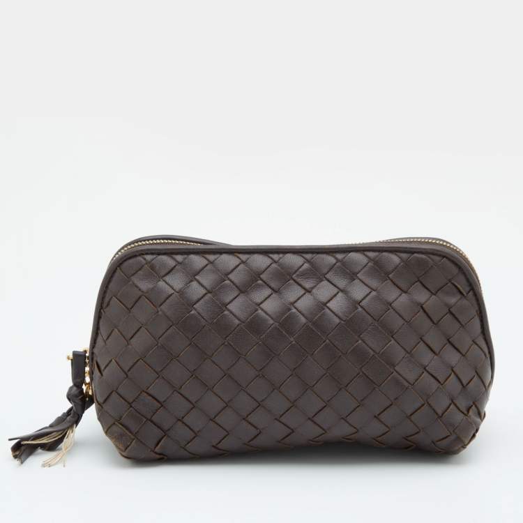 Pre Owned Bottega Veneta Dark Brown Intrecciato Leather Zip Pouch