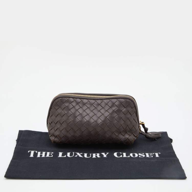 Pre Owned Bottega Veneta Dark Brown Intrecciato Leather Zip Pouch