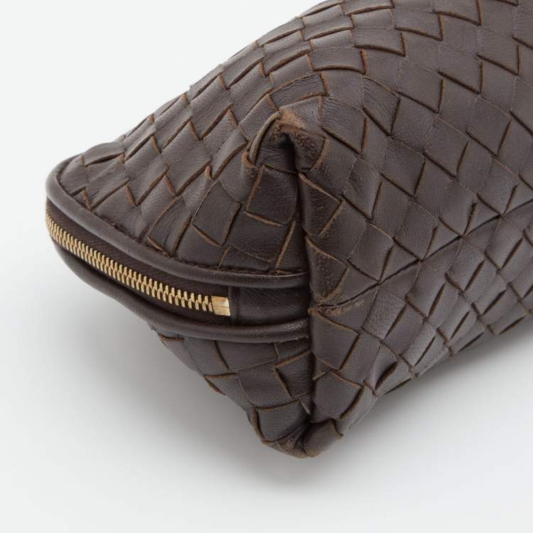 Pre Owned Bottega Veneta Dark Brown Intrecciato Leather Zip Pouch