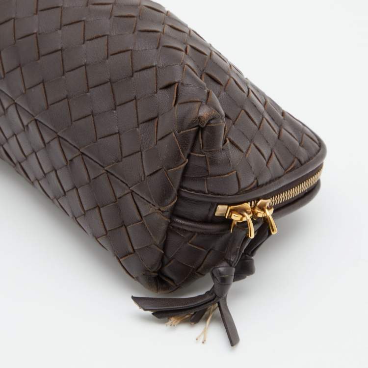 Pre Owned Bottega Veneta Dark Brown Intrecciato Leather Zip Pouch