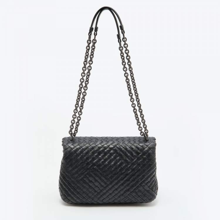 Pre Owned Bottega Veneta Black Intrecciato Leather Olimpia Flap Shoulder Bag