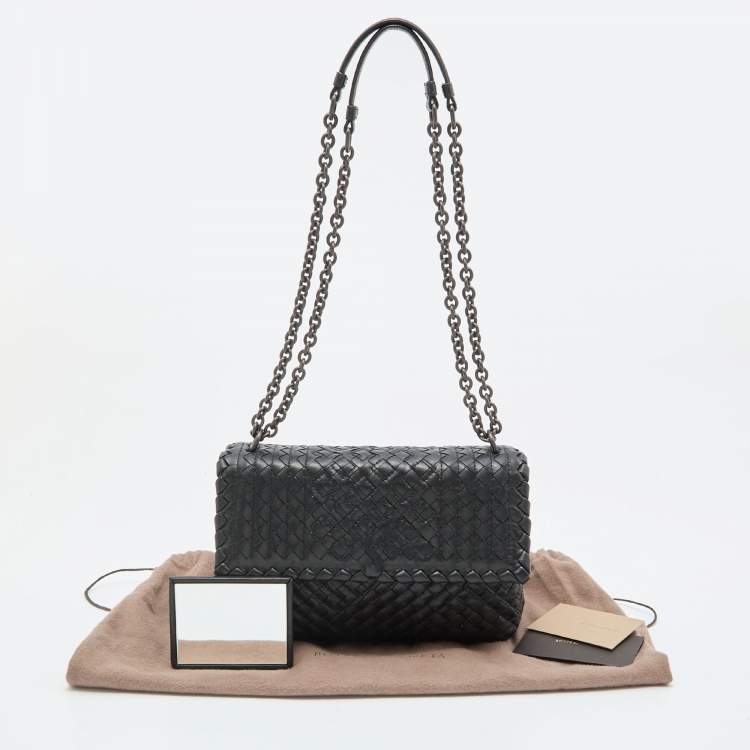 Pre Owned Bottega Veneta Black Intrecciato Leather Olimpia Flap Shoulder Bag