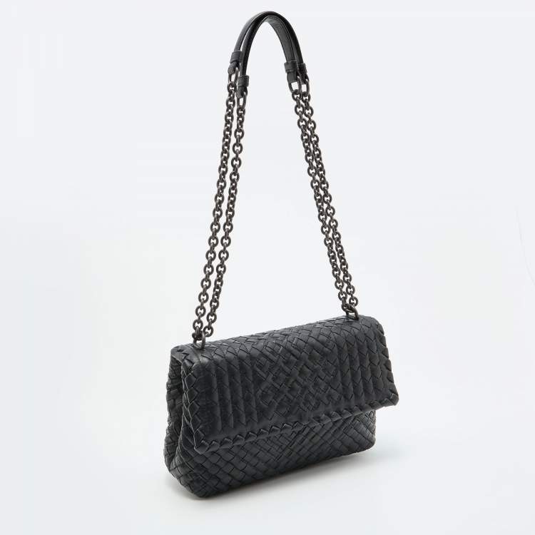 Pre Owned Bottega Veneta Black Intrecciato Leather Olimpia Flap Shoulder Bag