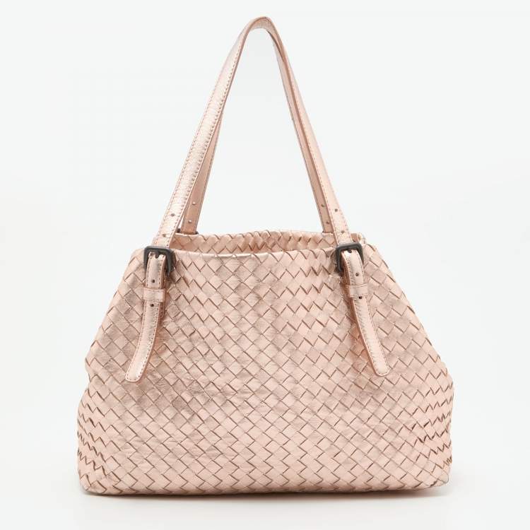 Pre Owned Bottega Veneta Metallic Rose Gold Intrecciato Leather Cesta Tote