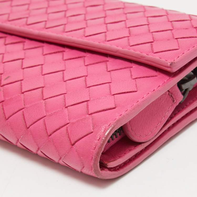 Pre Owned Bottega Veneta Pink Intrecciato Leather Flap Zip Around Wallet