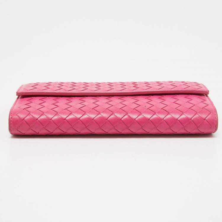 Pre Owned Bottega Veneta Pink Intrecciato Leather Flap Zip Around Wallet
