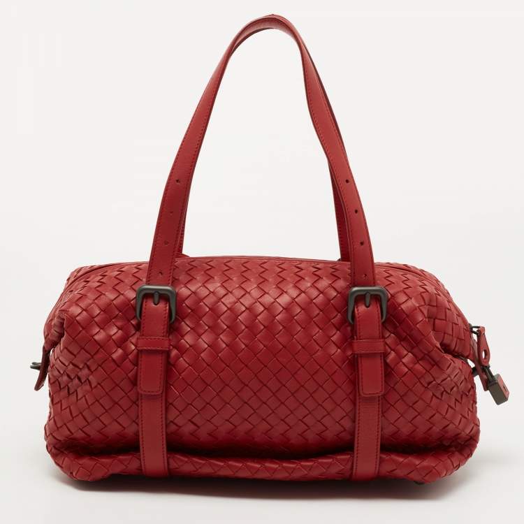 Pre Owned Bottega Veneta Red Intrecciato Leather Montaigne Satchel