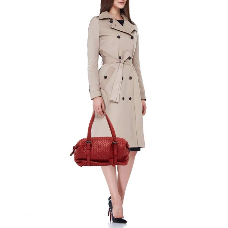 Pre Owned Bottega Veneta Red Intrecciato Leather Montaigne Satchel