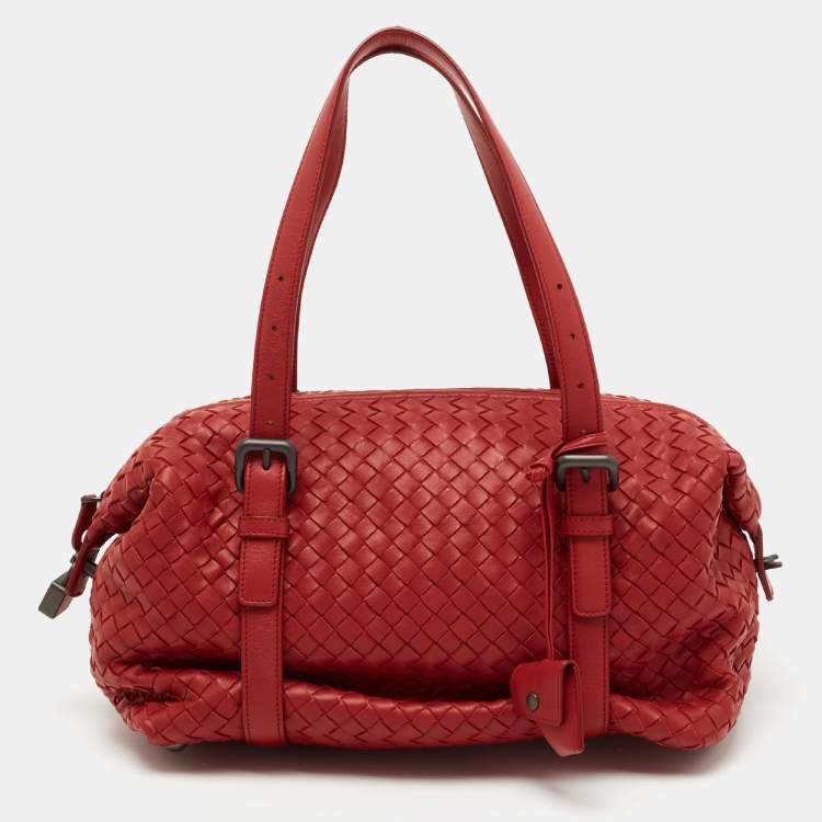 Pre Owned Bottega Veneta Red Intrecciato Leather Montaigne Satchel