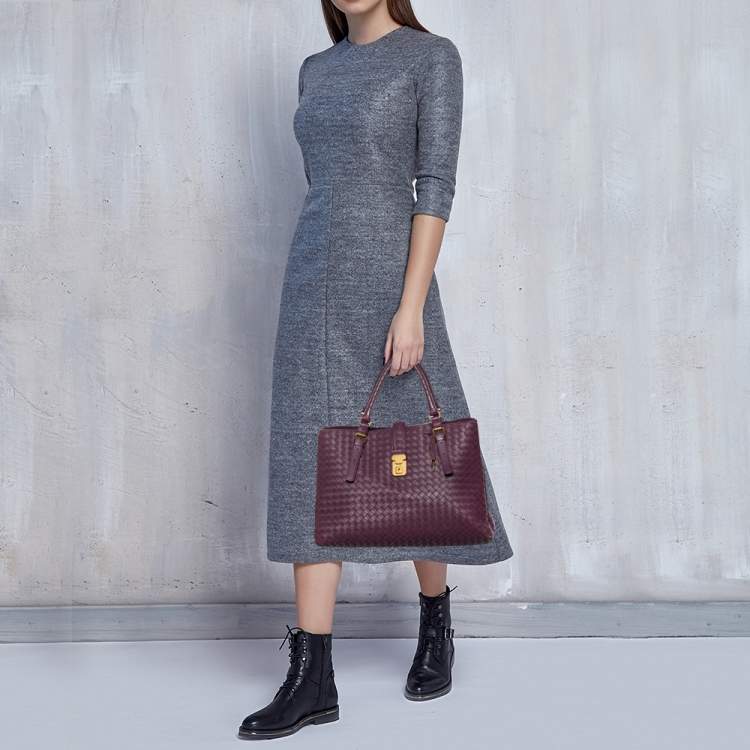 Pre Owned Bottega Veneta Plum Purple Intrecciato Leather Roma Tote