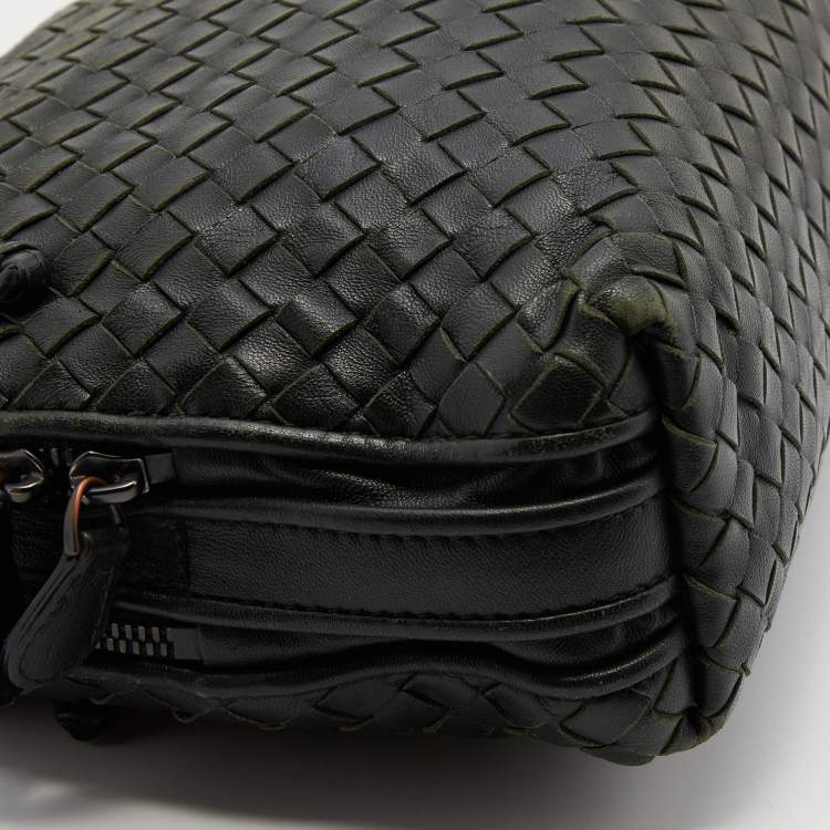Pre Owned Bottega Veneta Dark Green Intrecciato Leather Nodini Double Zip Crossbody Bag