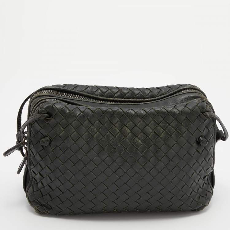 Pre Owned Bottega Veneta Dark Green Intrecciato Leather Nodini Double Zip Crossbody Bag