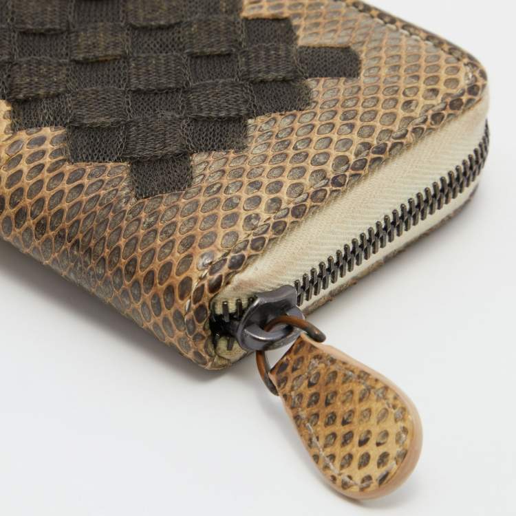 Pre Owned Bottega Veneta Beige Watersnake Leather Zip Coin Purse