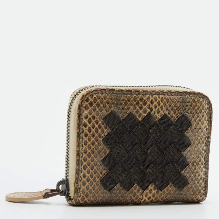 Pre Owned Bottega Veneta Beige Watersnake Leather Zip Coin Purse